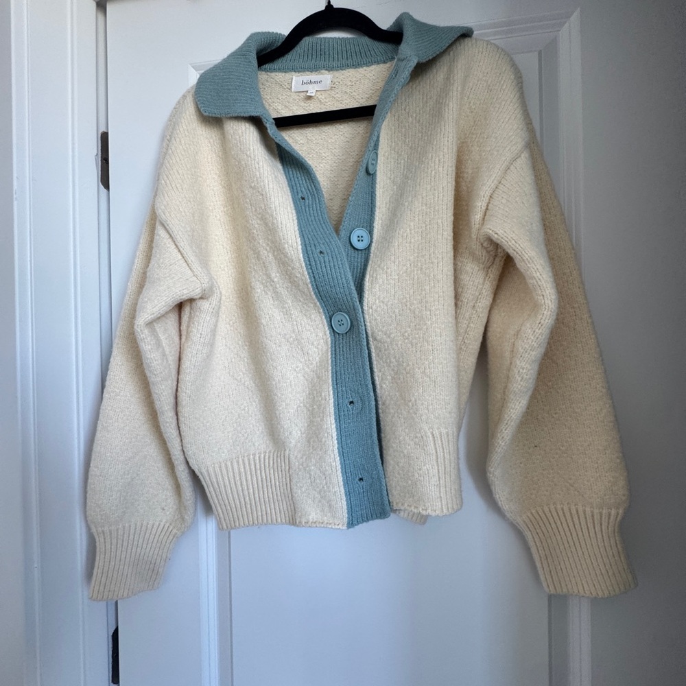 Bohme Cream and Blue Button-Up Cardigan